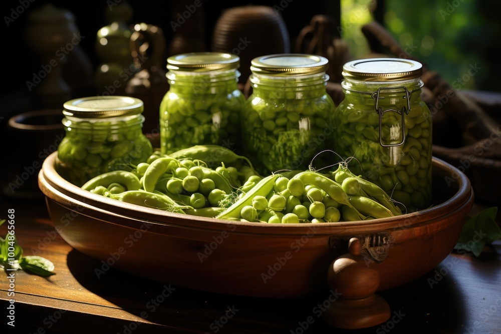 Green peas in canning. Bowl and white bottles., generative IA Green peas in canning. Bowl and white bottles., generative IA