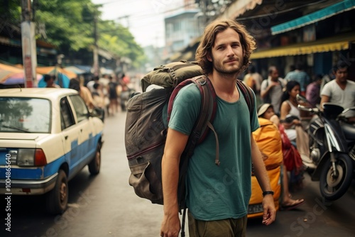 Young male backpacker walking in busy asian street