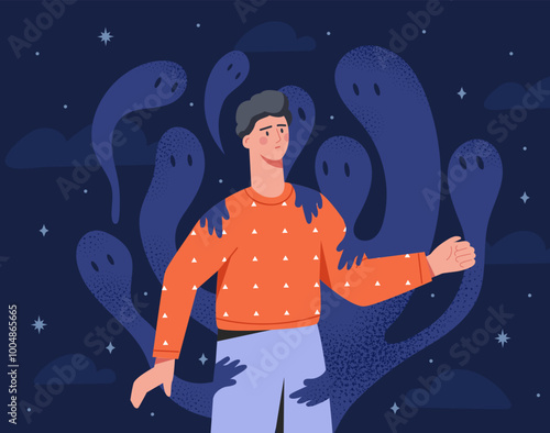 Night monster phobia. Young guy afraid of scary shadows. Negative feelings and emotions. Mental and psychological problems. Schizophrenia and paranoia. Panic attack, horror. Flat vector illustration