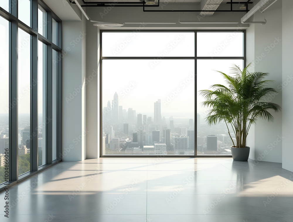 Modern open office space with cityscape view, minimalist interior design featuring a large plant. Bright workspace concept. 3D Rendering business space of corporate with window highrise work building Modern open office space with cityscape view, minimalist interior design featuring a large plant. Bright workspace concept. 3D Rendering business space of corporate with window highrise work building