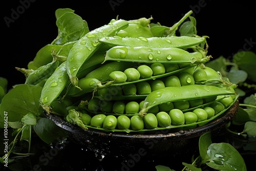 Close of pea micograpil sprouts with water drops. Frash raw sprouts, micro nursi, generative IA photo