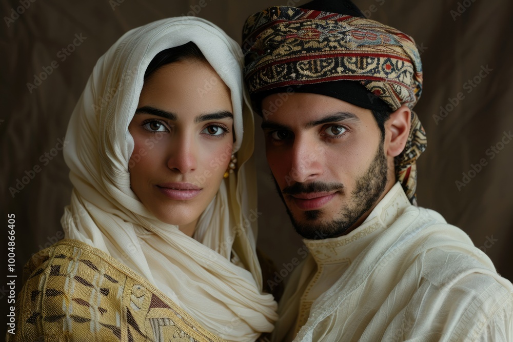 Arabic couple in traditional clothes studio portrait. Arabic couple in traditional clothes studio portrait.