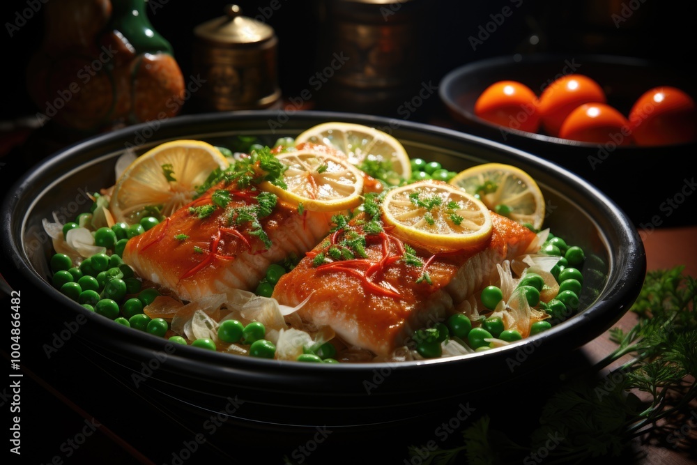 Fish fillets in tomato sauce, served with peas, lemon and herbs, generative IA Fish fillets in tomato sauce, served with peas, lemon and herbs, generative IA