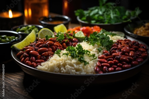 Red beans, rice and peas in colored bowls, generative IA photo