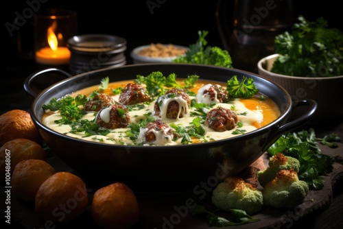 Soup with meatballs cauliflowers carrots and cream in a white background selecti, generative IA photo