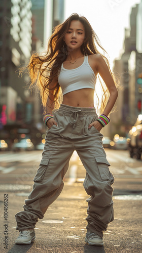 Dancing in the streets of New York. Cheerful woman dancing modern dance with group of colleagues - vertical banner for instagram story, reel or tiktok 