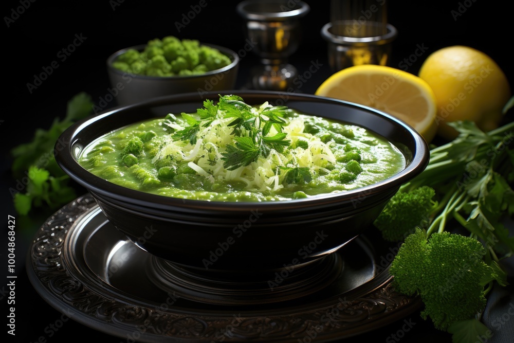 Green pea soup in a bowl on black slate background, generative IA Green pea soup in a bowl on black slate background, generative IA