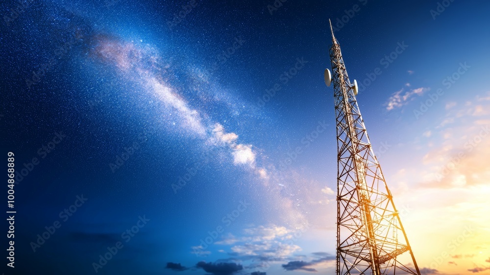 A tall tower is lit up against a dark sky with a milky white cloud A tall tower is lit up against a dark sky with a milky white cloud