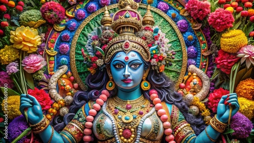 Majestic Kali Goddess Statue in Vibrant Colors Surrounded by Intricate Floral Patterns and Details