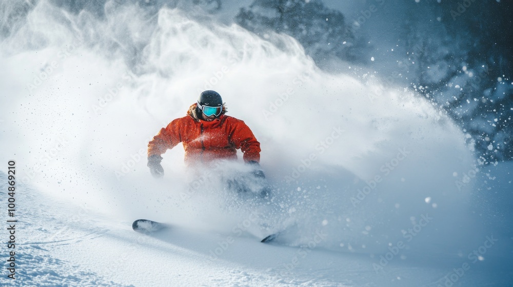 A skier in an orange jacket carves through fresh powder on a snowy mountainside. A skier in an orange jacket carves through fresh powder on a snowy mountainside.