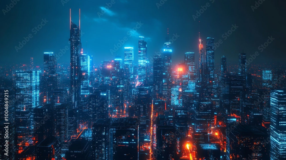 Fototapeta premium A futuristic cityscape at night, with glowing neon lights.