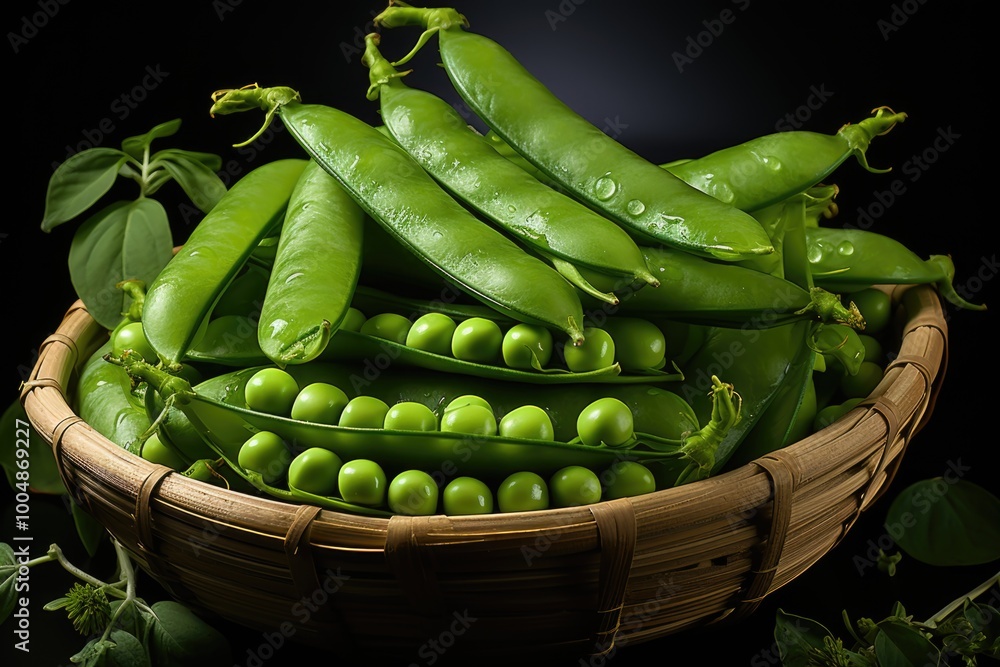 Fresh green pea pods and green pea, generative IA Fresh green pea pods and green pea, generative IA
