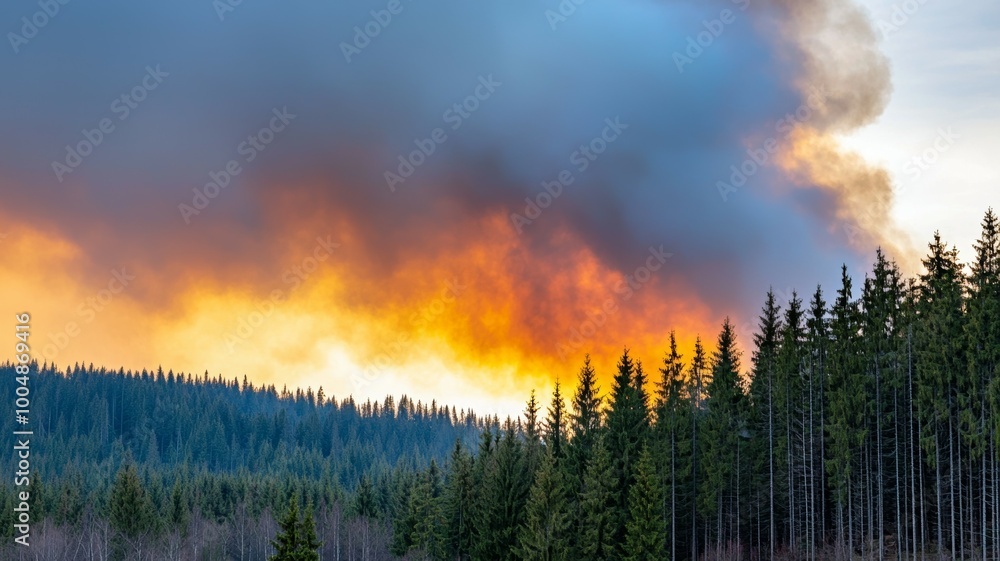 A forest fire is burning in the distance, with the sun setting in the background A forest fire is burning in the distance, with the sun setting in the background