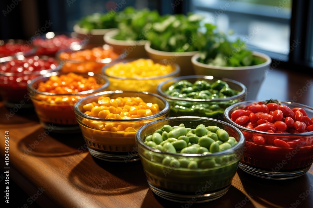 Lower peas and spice views in small bowls cut vegetable tomatoes on the white ta, generative IA Lower peas and spice views in small bowls cut vegetable tomatoes on the white ta, generative IA