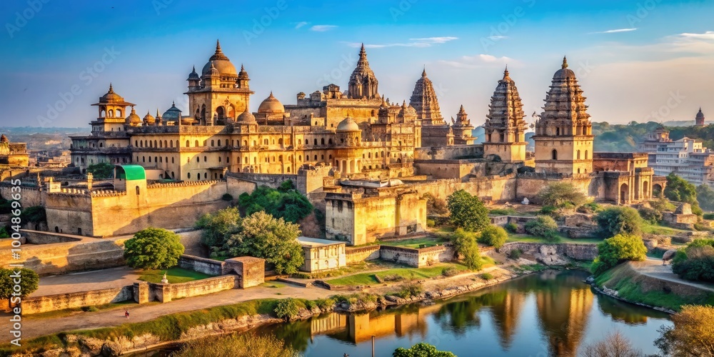 Fototapeta premium Majestic Orchha City Landscape with Historical Forts and Temples under Clear Blue Sky