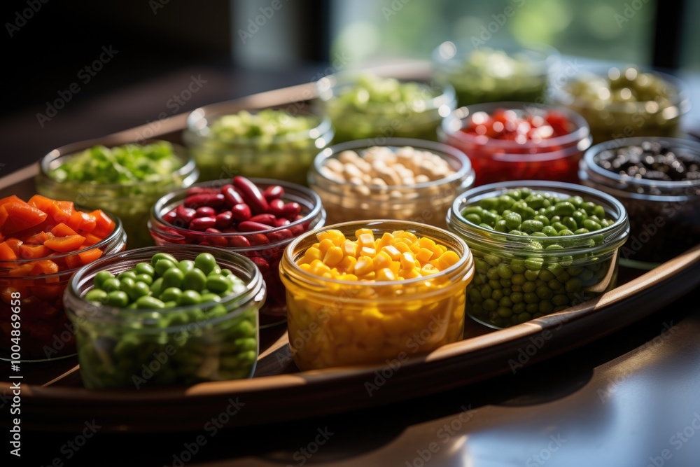 Lower peas and spice views in small bowls cut vegetable tomatoes on the white ta, generative IA Lower peas and spice views in small bowls cut vegetable tomatoes on the white ta, generative IA