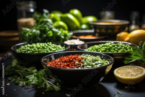 Different peas and different spices in small bowls cut vegetables on the gray ta, generative IA