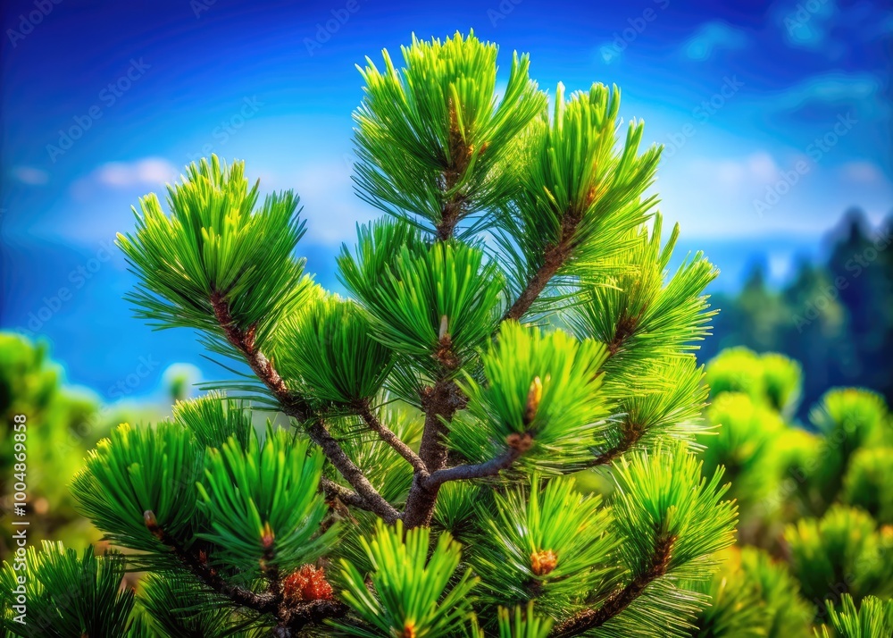 Majestic Pinus Pinaster Tree with Lush Green Needles Against a Clear Blue Sky in Natural Habitat Majestic Pinus Pinaster Tree with Lush Green Needles Against a Clear Blue Sky in Natural Habitat