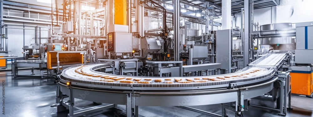 © fotofabrika - Modern food processing facility with automated conveyor system in operation during the day © fotofabrika - Modern food processing facility with automated conveyor system in operation during the day