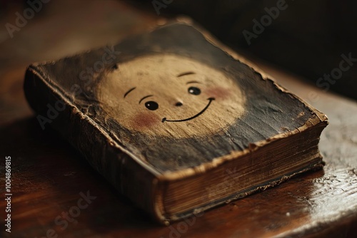 Old book with a smiling face design resting on a wooden surface in a cozy setting, showcasing vintage charm and whimsy. Generative AI photo