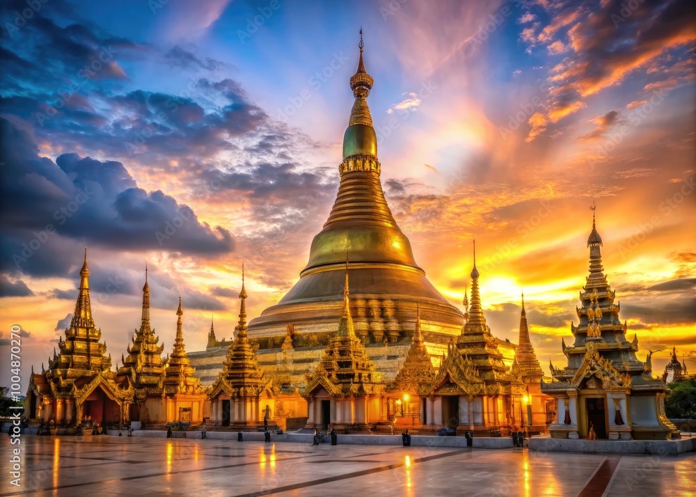 Fototapeta premium Majestic Shwedagon Pagoda Roof in Myanmar Glowing Gold Under the Blue Sky at Sunset