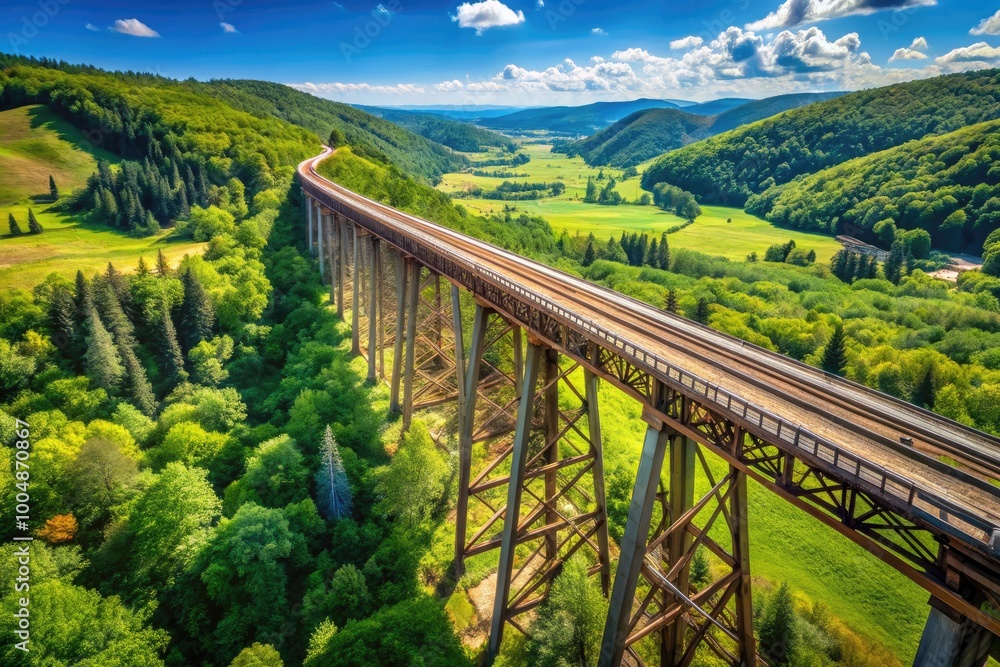 Majestic Trestle Bridge Spanning Lush Green Valley Under Clear Blue Sky in Scenic Landscape Photography Majestic Trestle Bridge Spanning Lush Green Valley Under Clear Blue Sky in Scenic Landscape Photography