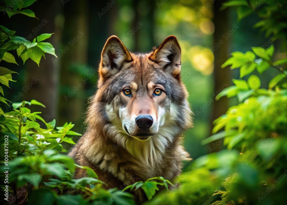 Majestic Wolf Staring Intently in the Forest Surrounded by Lush Greenery and Natural Beauty Majestic Wolf Staring Intently in the Forest Surrounded by Lush Greenery and Natural Beauty