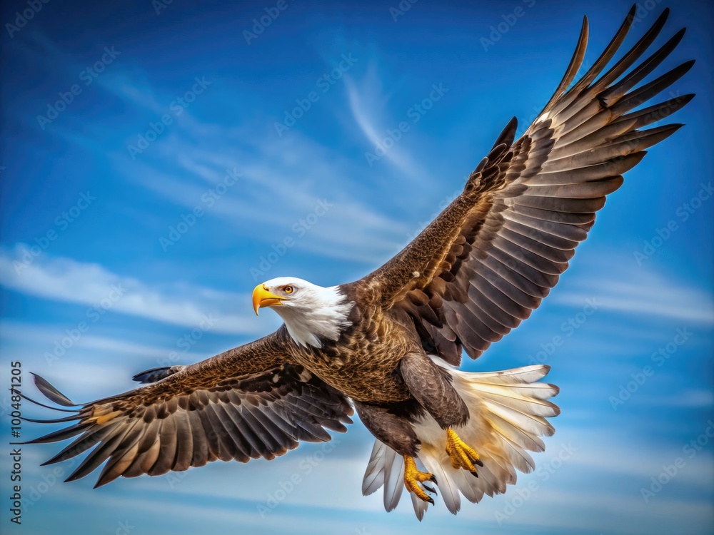 Obraz premium Majestic young eagle soaring gracefully in the clear blue sky with wings fully extended and proud