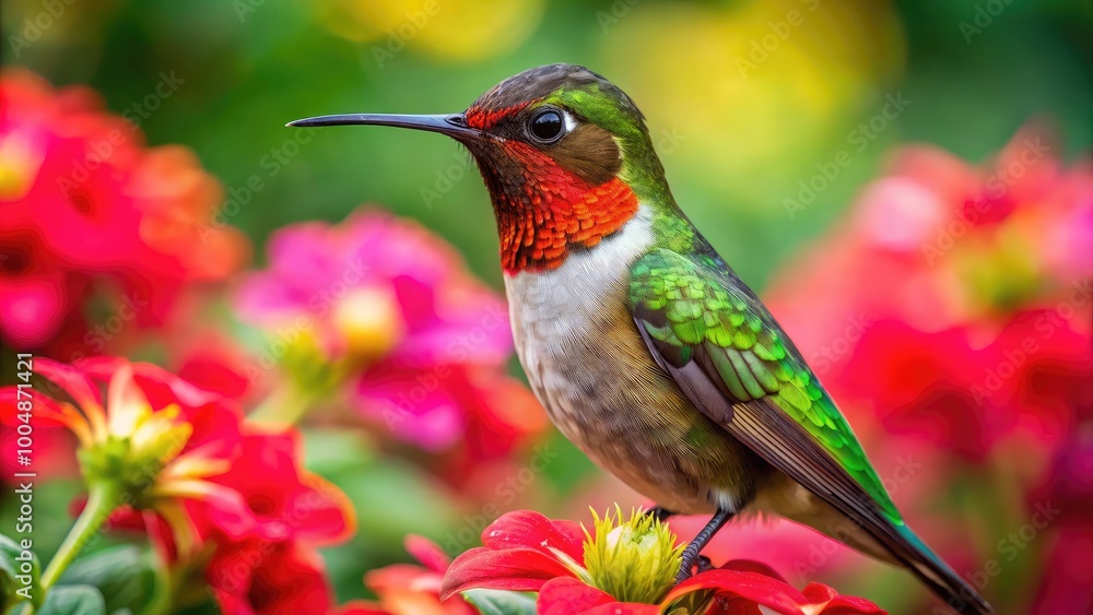 Obraz premium Male Ruby-Throated Hummingbird Perched on a Vibrant Flower in a Lush Green Garden Setting