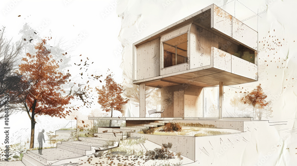 Modern architectural concept sketch of gift box shaped house surrounded by autumn trees and serene landscape. Modern architectural concept sketch of gift box shaped house surrounded by autumn trees and serene landscape.