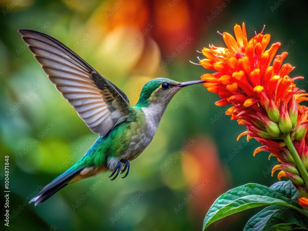 Fototapeta premium Mantis Hummingbird Feeding on Nectar from Vibrant Flower in Lush Tropical Environment