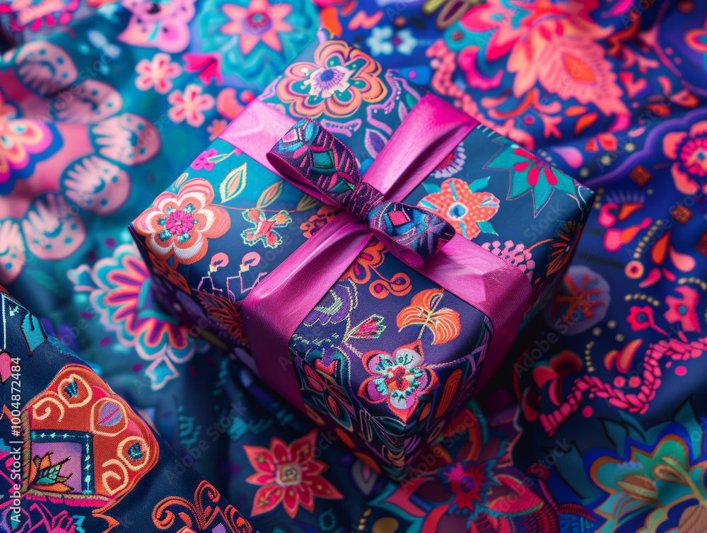 A beautifully wrapped gift featuring vibrant floral patterns and shiny pink ribbon, set against colorful textile background. A beautifully wrapped gift featuring vibrant floral patterns and shiny pink ribbon, set against colorful textile background.