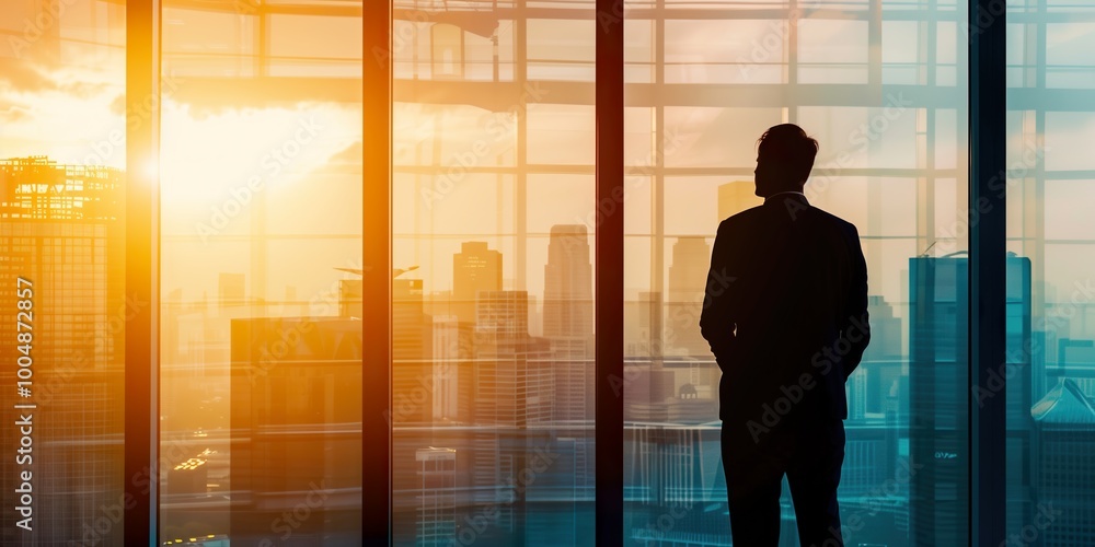 Fototapeta premium Silhouette of a businessman looking out of a large office window at the city skyline during sunset