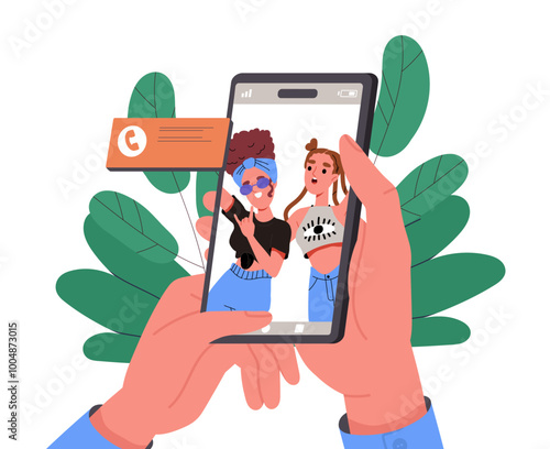 Teens with phone call. Hands with smartphone with girls on screen. Oline discussion and chat. Video call in social networks. Flat vector illustration isolated on white background