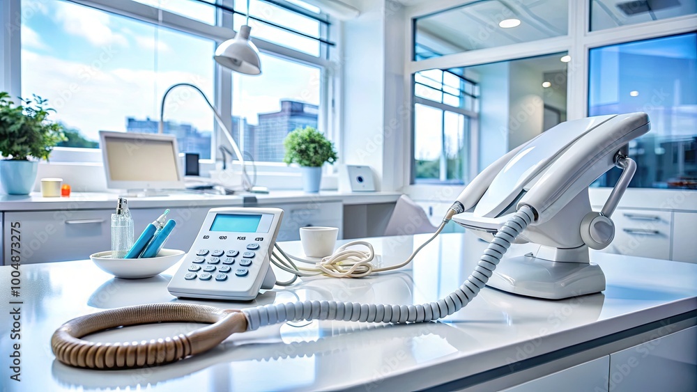 Modern dental office phone on desk with tools and equipment, ready for patient communication Modern dental office phone on desk with tools and equipment, ready for patient communication