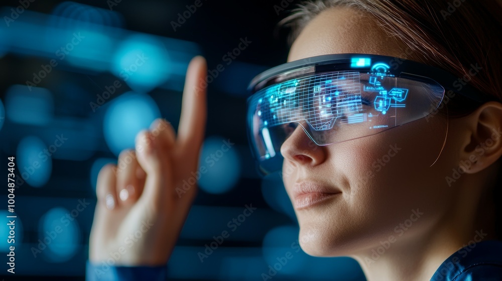 Concept of excitement and curiosity as the woman explores the digital world Concept of excitement and curiosity as the woman explores the digital world
