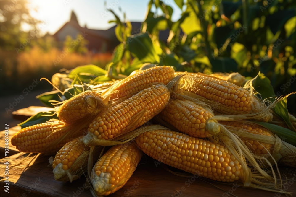 Yellow ripe corn fruits in summer, generative IA Yellow ripe corn fruits in summer, generative IA