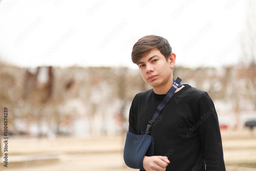 Male teenager looks seriously at the camera with a broken arm Male teenager looks seriously at the camera with a broken arm