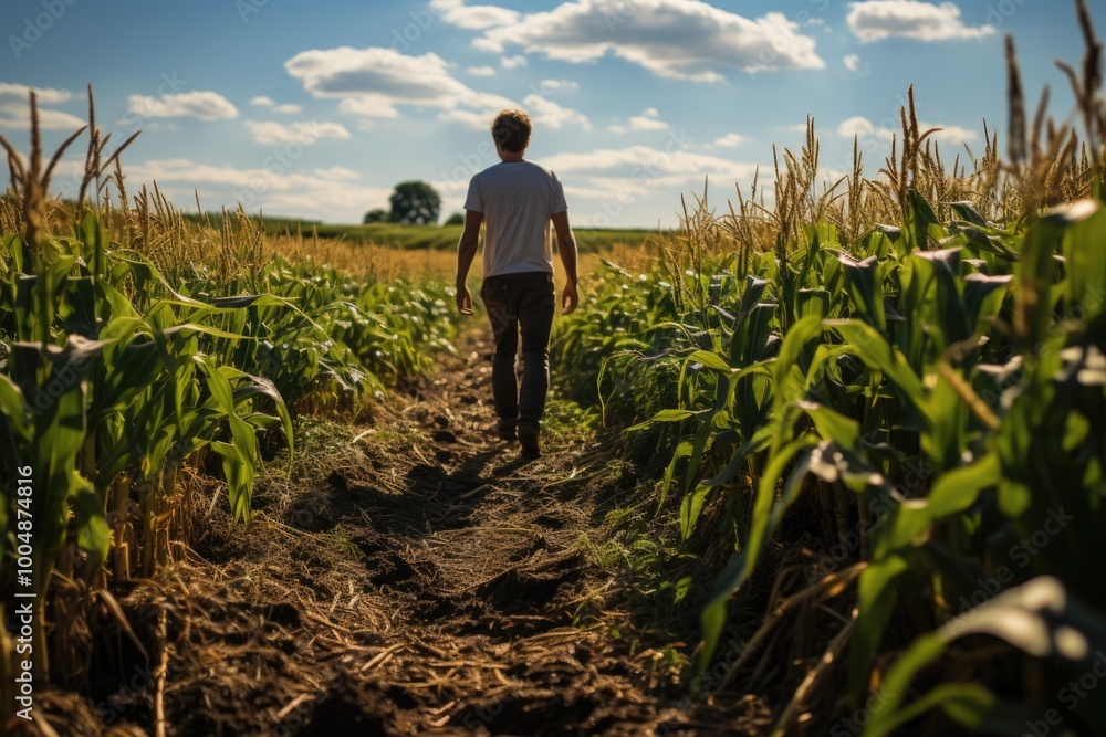Fototapeta premium Male walking through a cornfield on a sunny day with blue sky in the background, generative IA