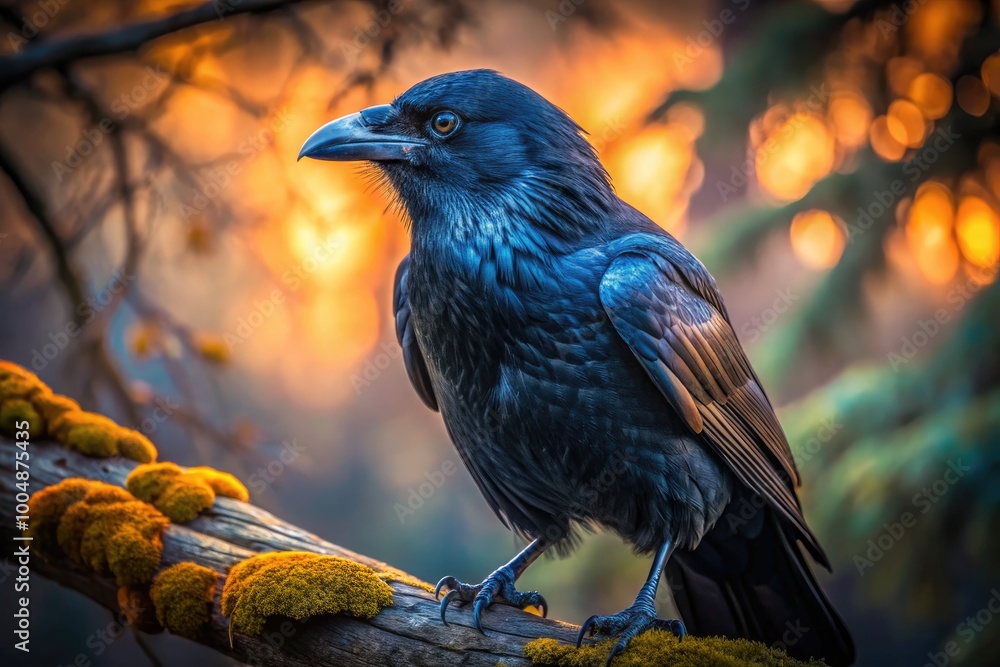 Mysterious Dark Bird with Sharp Beak and Intense Gaze Perched on a Tree Branch at Dusk Mysterious Dark Bird with Sharp Beak and Intense Gaze Perched on a Tree Branch at Dusk