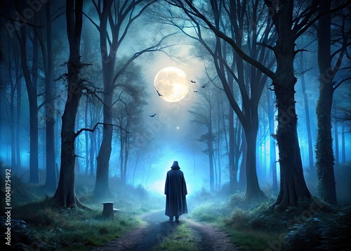 Mysterious Dark Forest at Night with Eerie Atmosphere Perfect for Halloween and Horror Themes