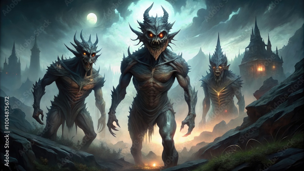 Mysterious Three-Headed Monster Emerging from Shadows in a Dark Fantasy Landscape Mysterious Three-Headed Monster Emerging from Shadows in a Dark Fantasy Landscape