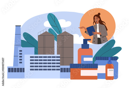 Woman with production of cosmetics. Woman with creams and lotions against background of plant. Industrial manufactory. Skincare products. Flat vector illustration isolated on white background