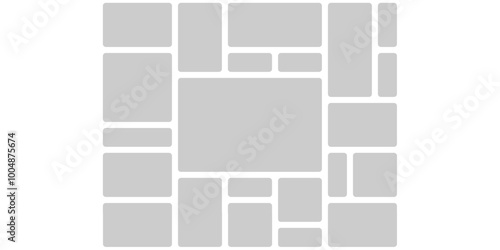 Mosaic montage grid template. Visual brick wireframe of geometric blocks layout. Composite chaos shapes for photomontage modern collection. Statistic software bento website design slide technology.