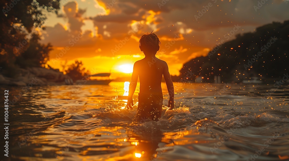A boy walking out of the water at a lake with a sunset and boat in the background, captured in realistic HD A boy walking out of the water at a lake with a sunset and boat in the background, captured in realistic HD