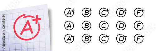 Letters grading system icons set. School result grades from A to F with plus and minus signs. Isolated hand drawn education marker, rating for student, on white background . Vector illustration.