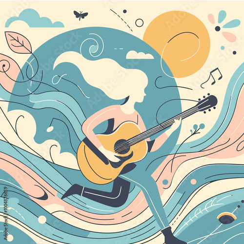 Playing Guitar Flat Vector Illustration Design photo