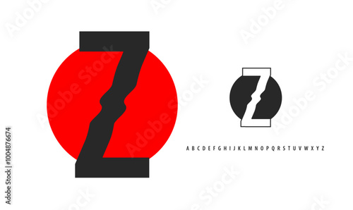 Letter Z silhouette on red sun, twisting alphabet. Japanese logo for sushi roll restaurant logo, asian cultural event logotype. Vector logo and typeset