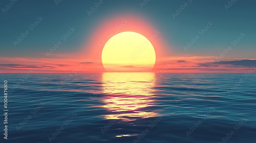 Vivid sunset over calm ocean with glowing orange sun and serene reflections in the water. Vivid sunset over calm ocean with glowing orange sun and serene reflections in the water.