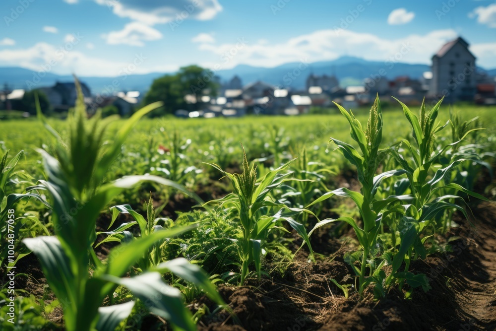 Corn plantation on a sunny day with buildings in the background, generative IA Corn plantation on a sunny day with buildings in the background, generative IA